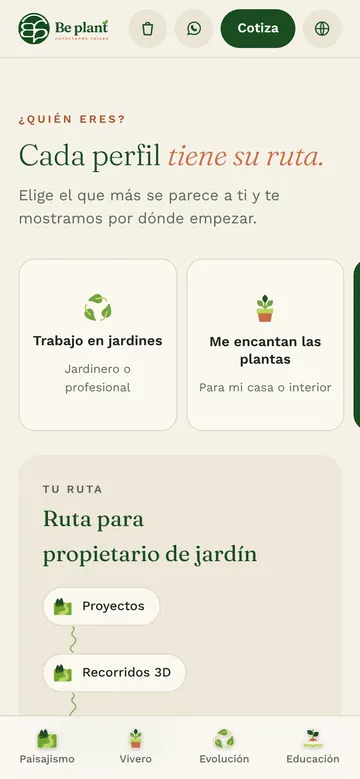 Los perfiles en celular: tarjetas que se deslizan de lado y, abajo, la «Ruta para propietario de jardín» con Proyectos y Recorridos 3D.