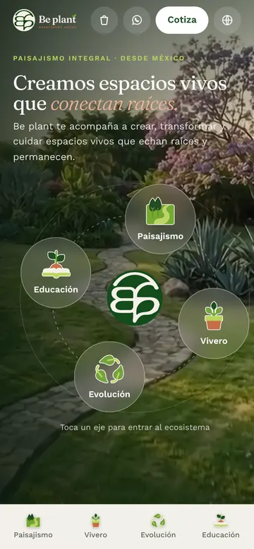 La misma portada en celular: el título arriba, los cuatro ejes en círculo y una barra fija abajo con Paisajismo, Vivero, Evolución y Educación.