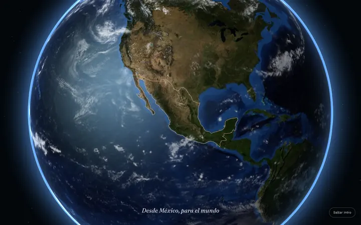 Intro de beplant.com.mx en computadora: la Tierra en 3D sobre fondo negro, con América a la vista, la frase «Desde México, para el mundo» y el botón «Saltar intro».
