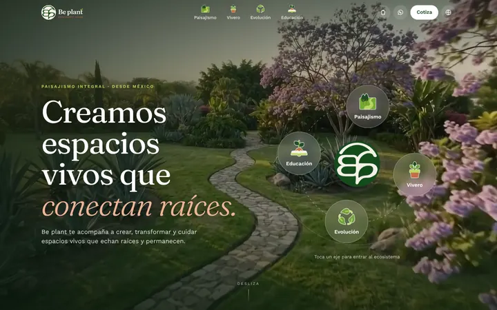 Portada de beplant.com.mx en computadora: el título «Creamos espacios vivos que conectan raíces» sobre el video de un jardín con un sendero de piedra, y a la derecha los cuatro ejes (Paisajismo, Vivero, Evolución y Educación) alrededor del logo.