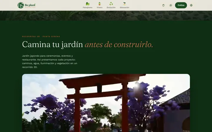 Sección «Recorrido 3D · Punta Sirena. Camina tu jardín antes de construirlo.» con el video del recorrido: un torii rojo entre jacarandas en flor.