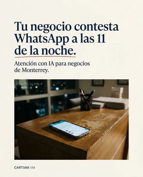 Post de Cartiam VM: «Tu negocio contesta WhatsApp a las 11 de la noche. Atención con IA para negocios de Monterrey.» Foto de un celular sobre un escritorio, de noche.