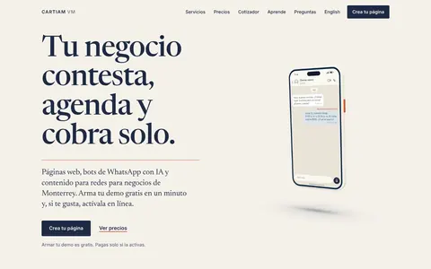 El inicio de cartiamvm.com en computadora: «Tu negocio contesta, agenda y cobra solo» junto a la escena 3D de un celular con un chat de WhatsApp.