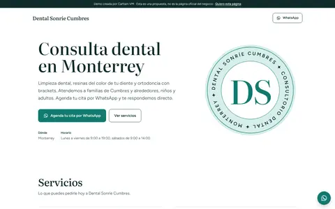 Demo de ejemplo en computadora para un consultorio dental: «Consulta dental en Monterrey» con el botón «Agenda tu cita por WhatsApp».