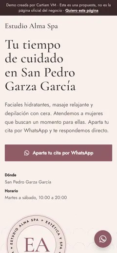 Otra demo de ejemplo en celular, para un spa: título, servicios y botón de WhatsApp en rosa y dorado.