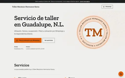 Demo de ejemplo en computadora: «Servicio de taller en Guadalupe, N.L.» con el botón «Pide tu cotización por WhatsApp» y un sello con las iniciales TM.