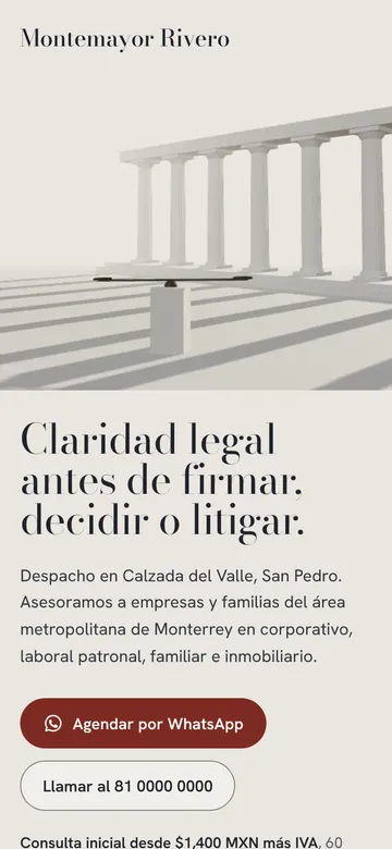 Portada de Montemayor Rivero Abogados en el celular: «Claridad legal antes de firmar» sobre columnas en 3D.