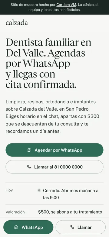 Portada de Calzada Odontología en el celular: «Dentista familiar en Del Valle» con el botón para agendar por WhatsApp.