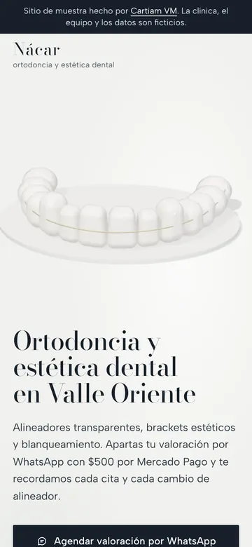 Portada de Nácar en el celular: «Ortodoncia y estética dental en Valle Oriente» con el alineador en 3D.