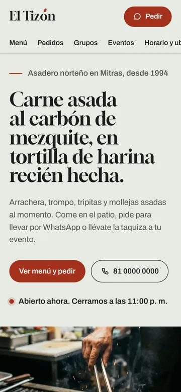 Portada de El Tizón en el celular: «Carne asada al carbón de mezquite» con los botones para ver el menú y llamar.