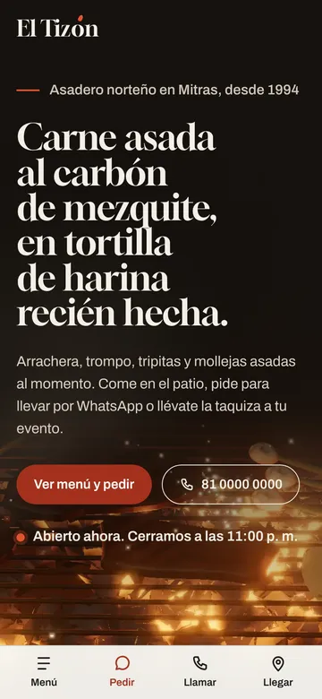 Portada en 3D de El Tizón en el celular: la parrilla con brasas detrás del título.
