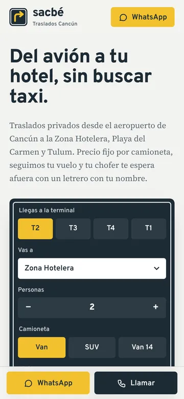 Portada de Sacbé Traslados en el celular: «Del avión a tu hotel, sin buscar taxi» y la calculadora de tarifa.