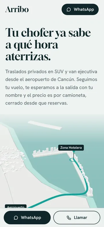 Portada de Arribo en el celular: «Tu chofer ya sabe a qué hora aterrizas» con la ruta del aeropuerto a la Zona Hotelera.