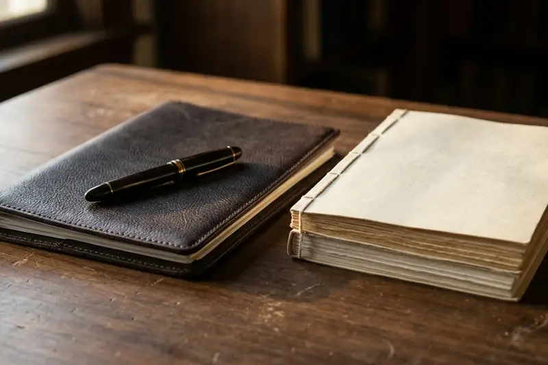 Pluma fuente sobre una carpeta de piel y un expediente en el escritorio