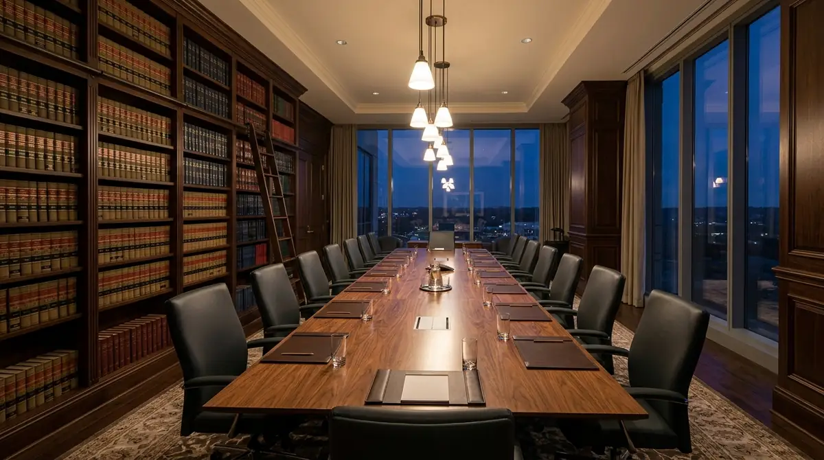 Sala de juntas del despacho con librero de madera y vista nocturna a la ciudad