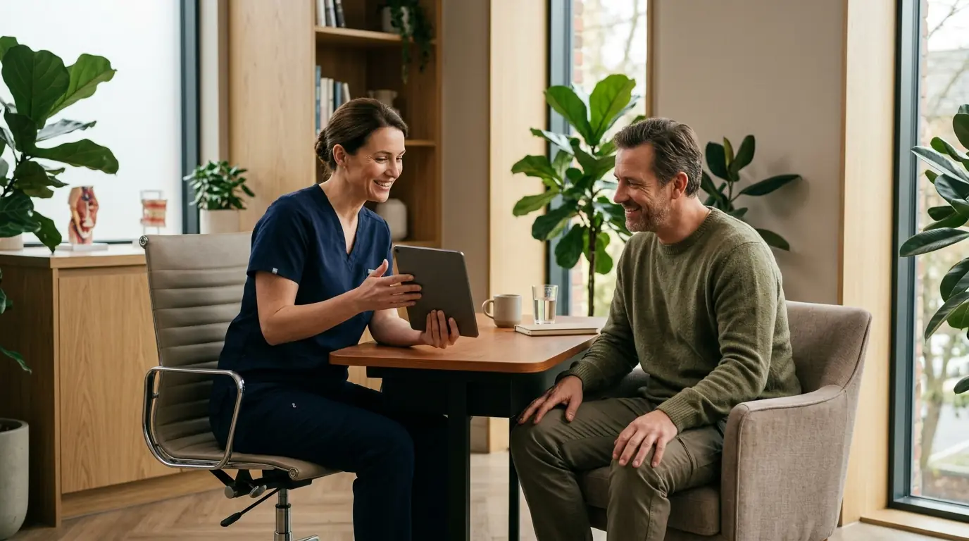Una dentista le explica su plan de tratamiento a un paciente con una tableta, en una sala de consulta con plantas