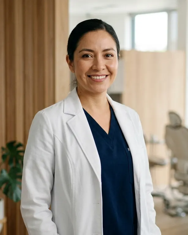 Retrato de la Dra. Lucía Garza con bata blanca en el consultorio (foto de muestra)