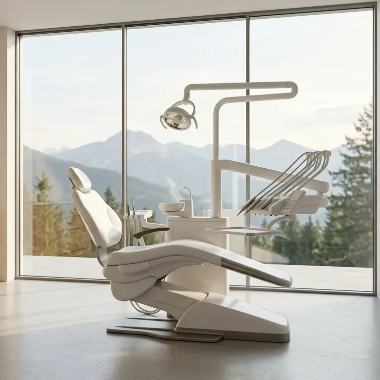 Gabinete dental con sillón blanco junto a un ventanal con luz de mañana