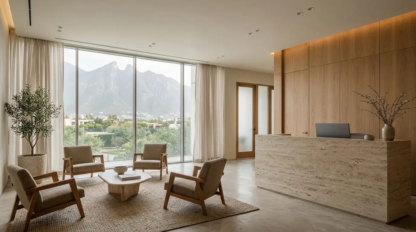 Recepción con mostrador de travertino, sillones y un ventanal con vista a la sierra