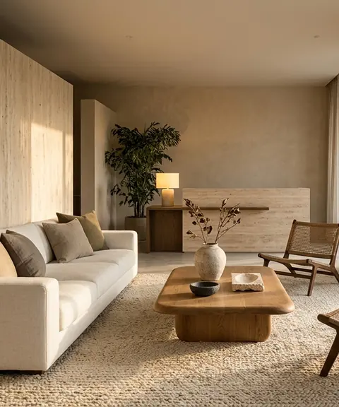Sala de espera con muro de travertino, sofá de lino y una mesa baja de madera