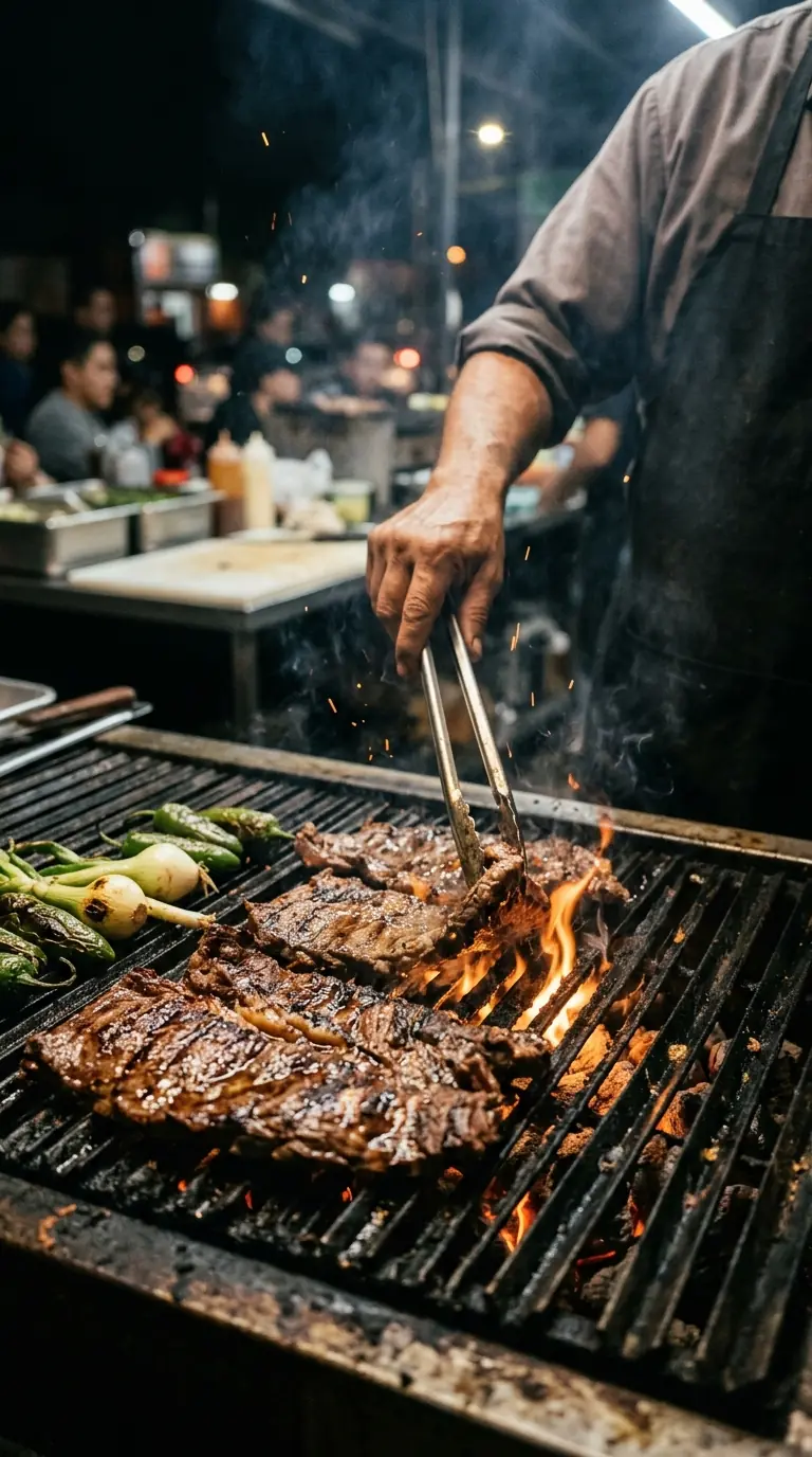 Parrillero volteando arrachera con pinzas sobre la parrilla de carbón, junto a cebollitas y chiles toreados