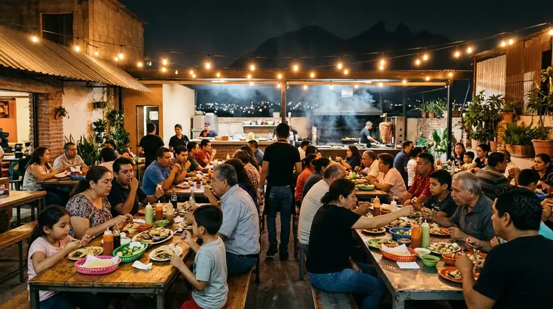 Patio lleno de familias cenando bajo focos colgantes, con el Cerro de la Silla al fondo