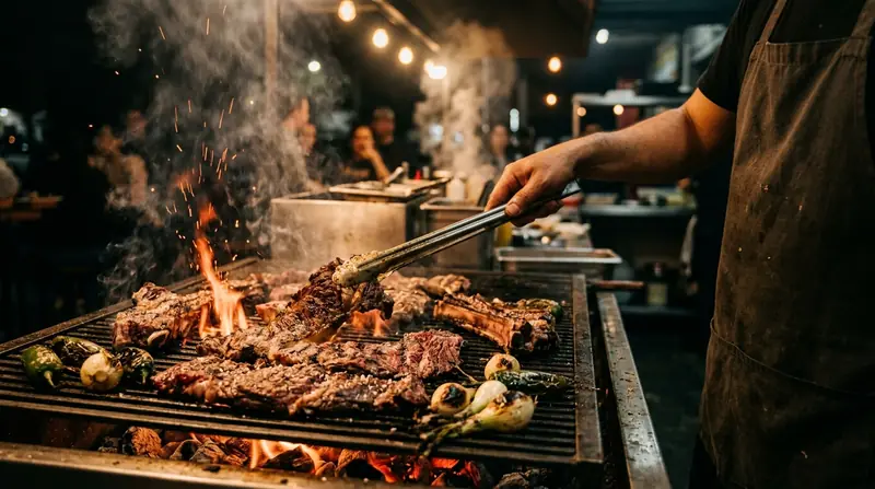 Cortes de res y costilla asándose sobre brasas con flama, con cebollitas y chiles en la orilla de la parrilla