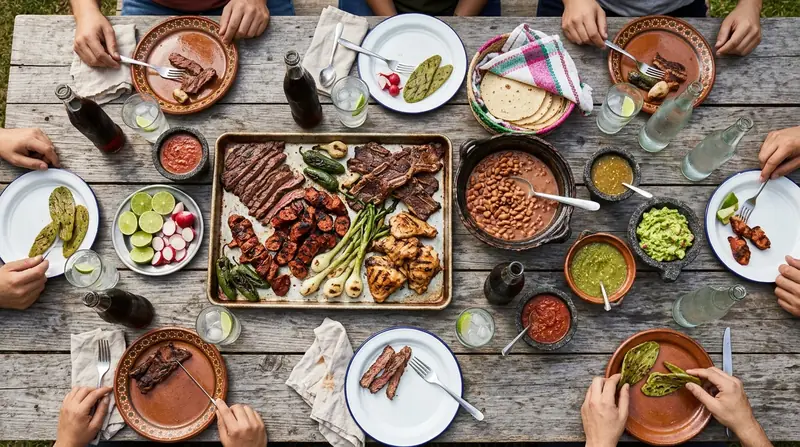 Mesa vista desde arriba con charola de arrachera, costilla, cebollitas y nopales, frijoles, salsas y tortillas de harina