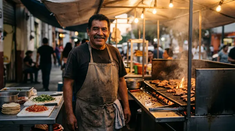 Parrillero sonriendo junto al asador, con carne al fuego y tortillas de harina en la mesa