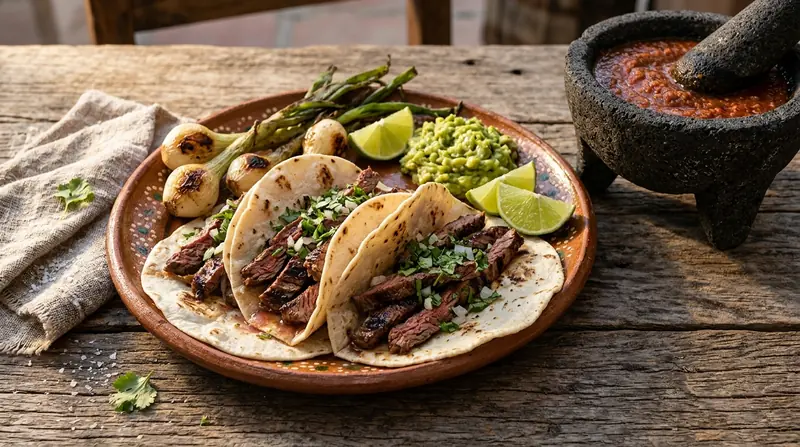Tres tacos de arrachera en tortilla de harina con cebolla y cilantro, cebollitas asadas, guacamole, limones y salsa en molcajete