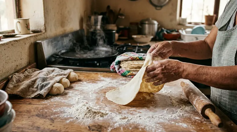 Manos extendiendo una tortilla de harina recién hecha sobre la mesa enharinada, con bolitas de masa y rodillo