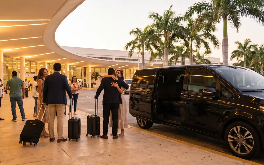 Pasajeros con maletas junto a una van a la salida de la terminal del aeropuerto de Cancún
