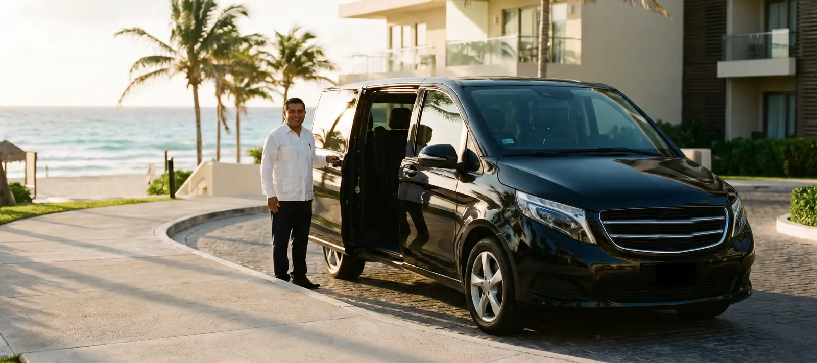 Chofer de Sacbé abriendo la puerta de una van negra en la entrada de un hotel frente al mar en Cancún