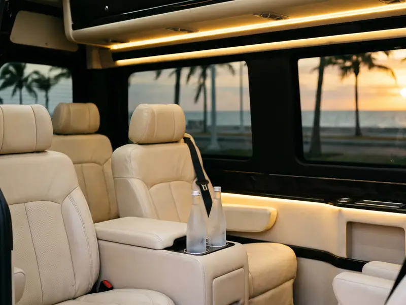 Interior de una Van 14 con asientos de piel color crema y botellas de agua