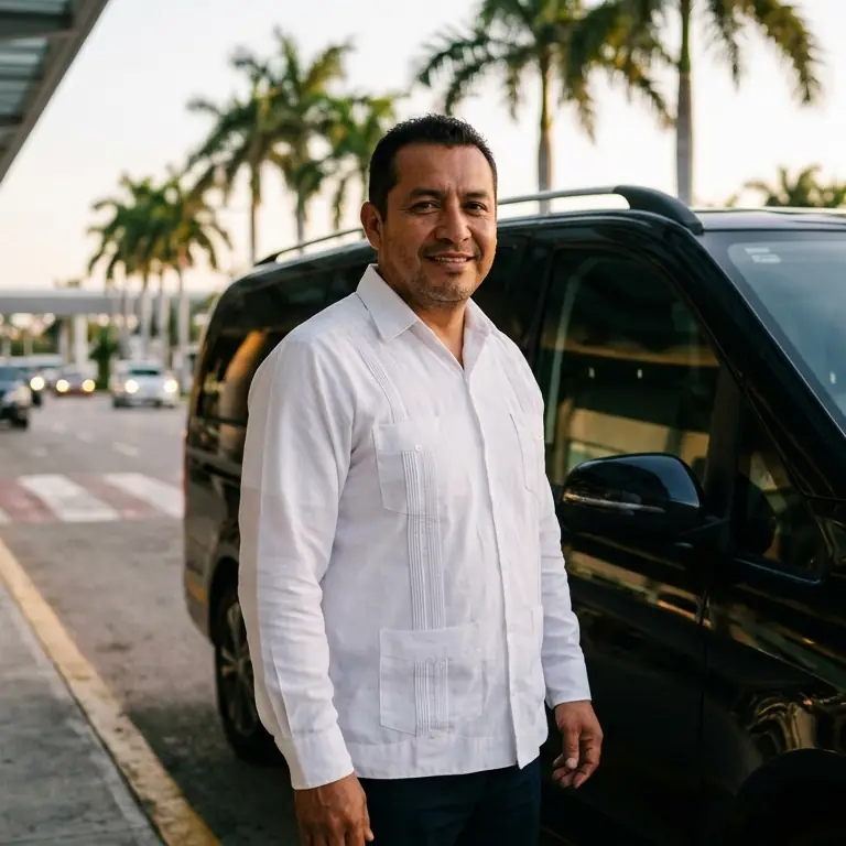 Chofer de Sacbé con guayabera blanca junto a la van, a la salida del aeropuerto de Cancún
