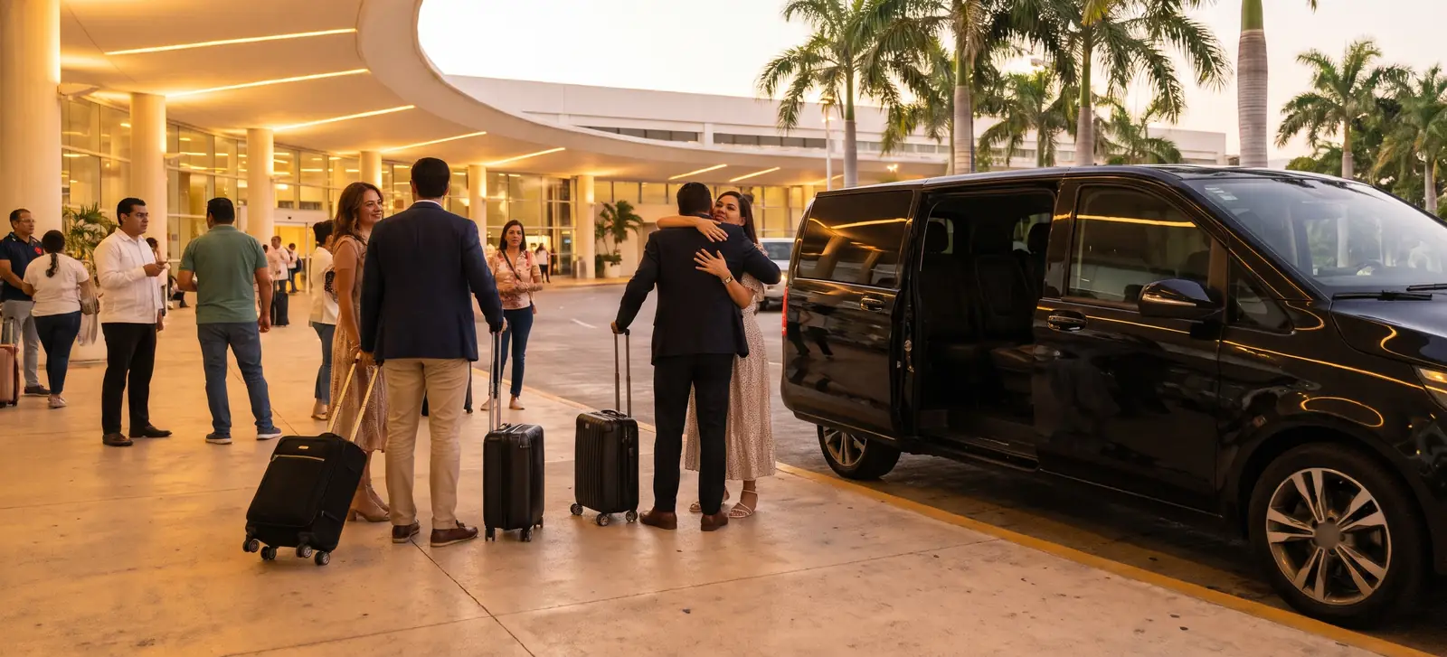 Pasajeros con maletas abrazándose junto a una van ejecutiva a la salida de la terminal del aeropuerto de Cancún