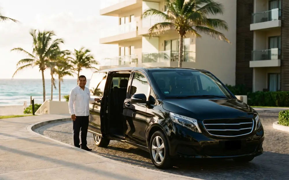 Chofer de Arribo junto a una van ejecutiva negra en la entrada de un hotel frente al mar