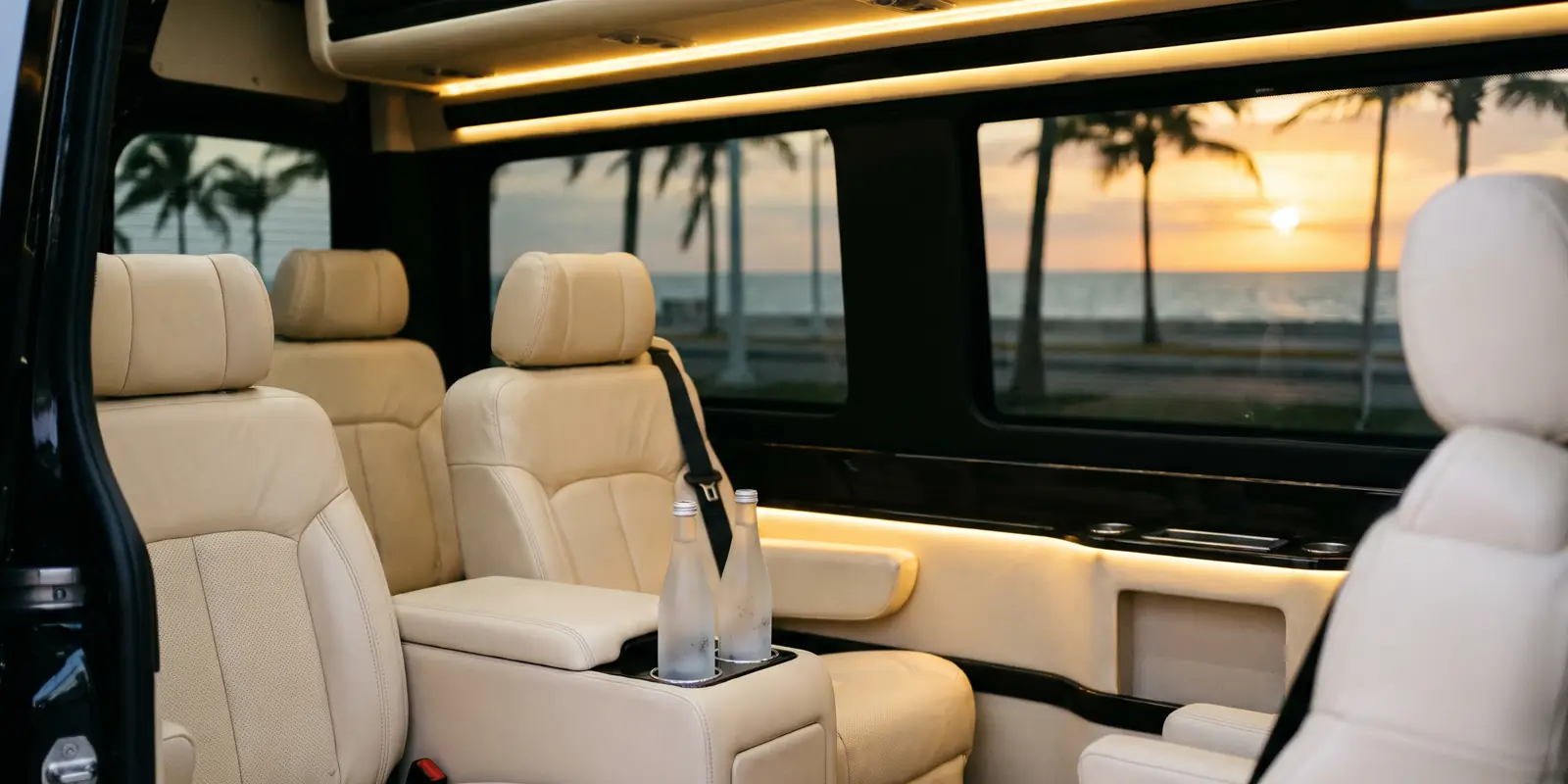 Interior de una Sprinter con asientos de piel color crema, luz cálida y botellas de agua