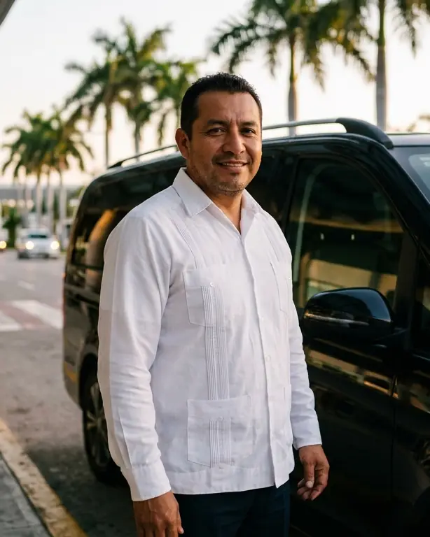 Chofer de Arribo con guayabera blanca junto a la van ejecutiva, a la salida del aeropuerto de Cancún